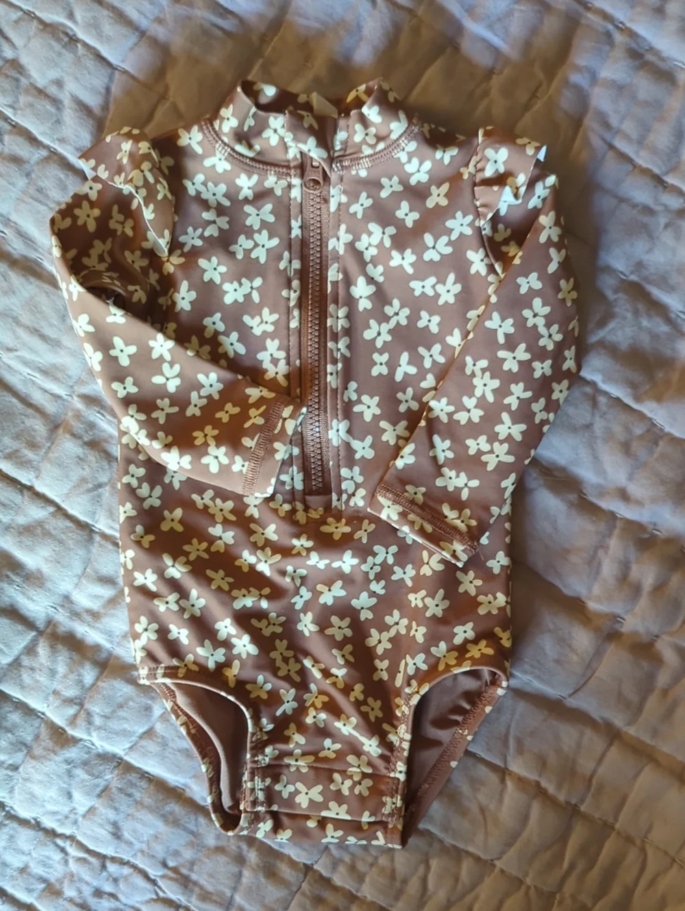 Quincy Mae Brown Floral Long-Sleeve One-Piece Swimsuit